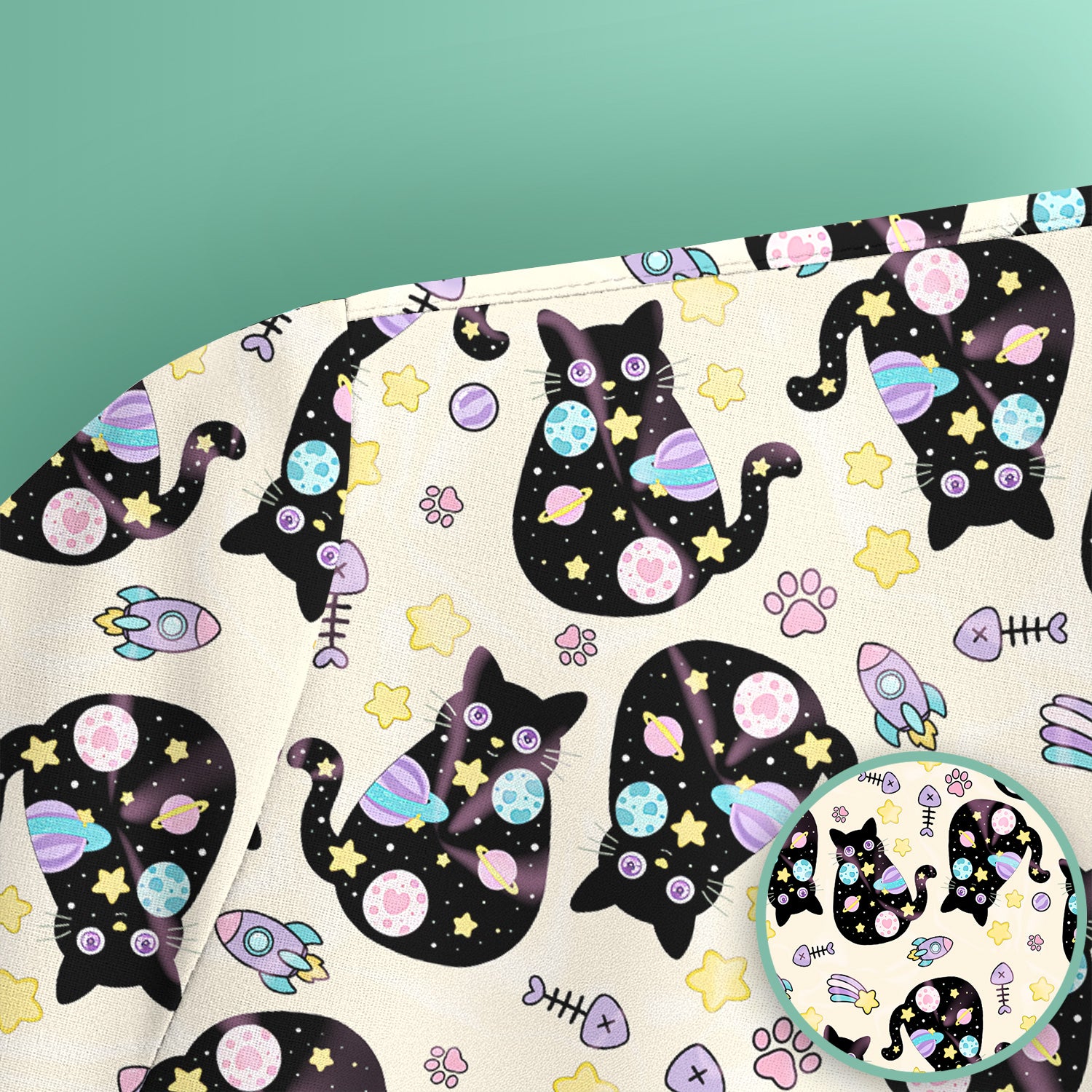 Galaxy Black Cat Space Pattern Scrub Top, Breathable Fabrics Nursing Uniform