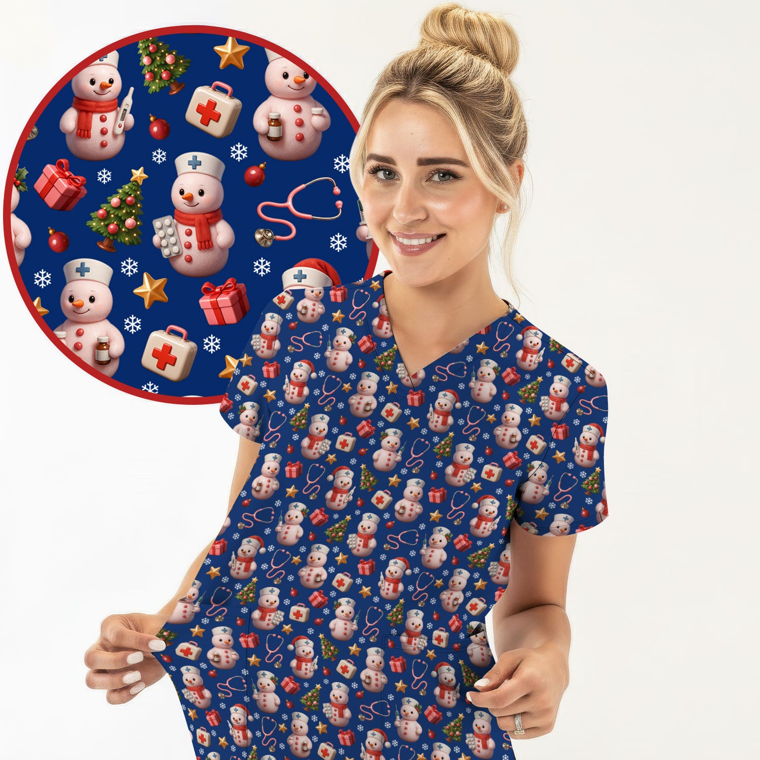 Snowman Pattern Christmas Nurse Scrub Top - Cute Holiday Medical Shirt - Funny Festive Scrubs Gift for RN LPN CNA Nurses