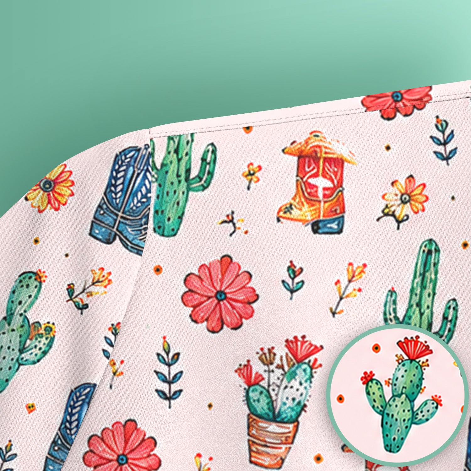 Whimsical Western Cactus Boots Pattern Scrub Top, Breathable Fabrics Nursing Uniform