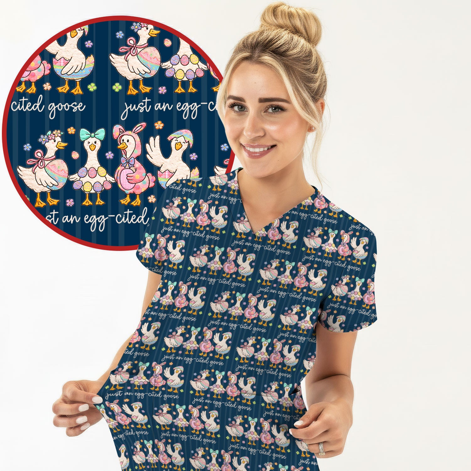Cute Easter Goose Egg Pattern Scrubs Top, Breathable Fabrics Nursing Uniform
