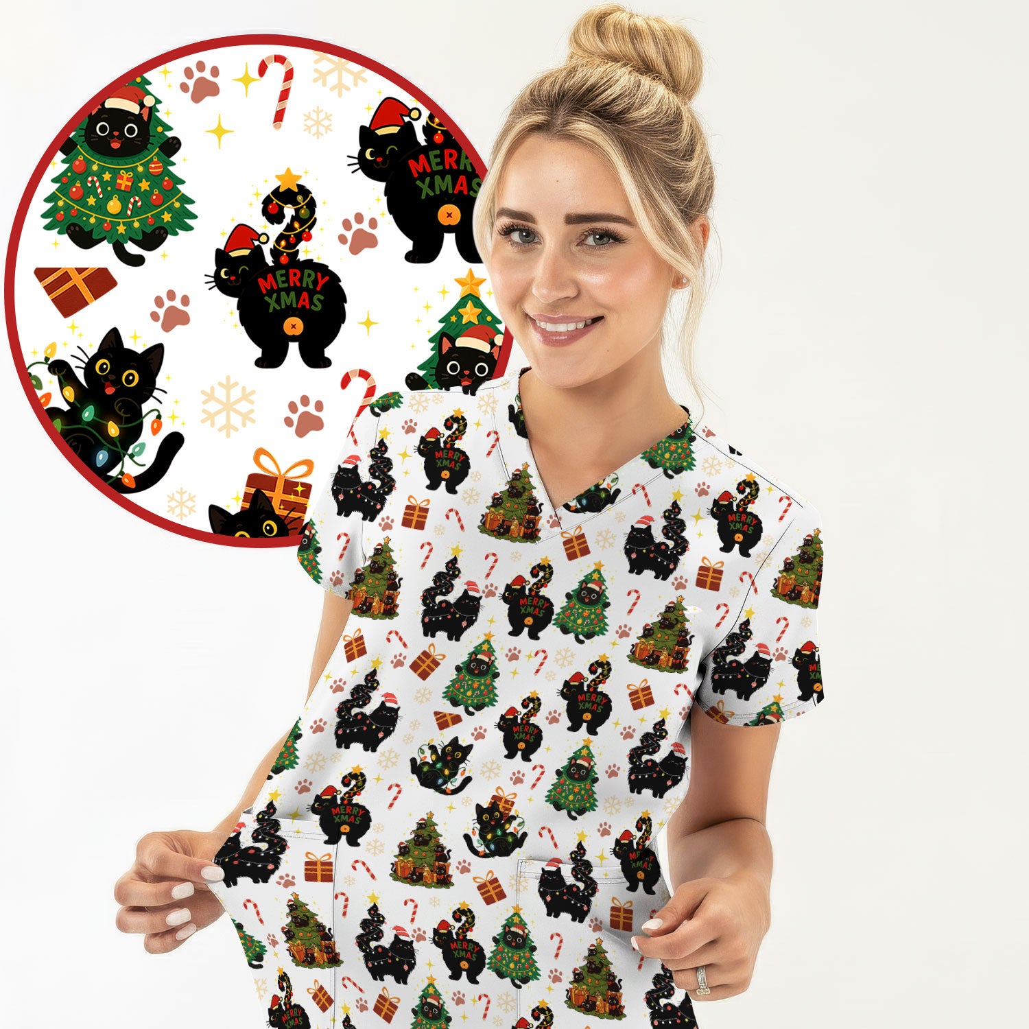 Funny Cat Print Nurse Scrub Top - Christmas Medical Shirt for Women & Men - Cute Holiday Gift Idea for RN CNA Doctor Scrubs