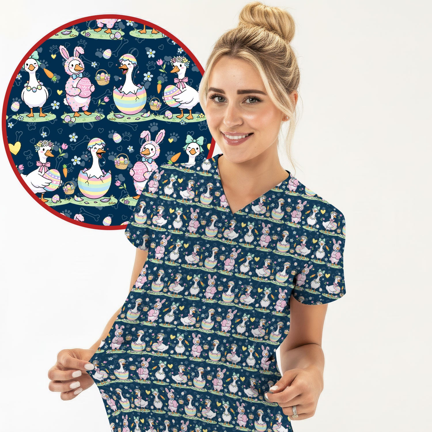 Pastel Easter Goose Bunny Egg Pattern Scrub Top, Comfortable Scrubs for Nurses