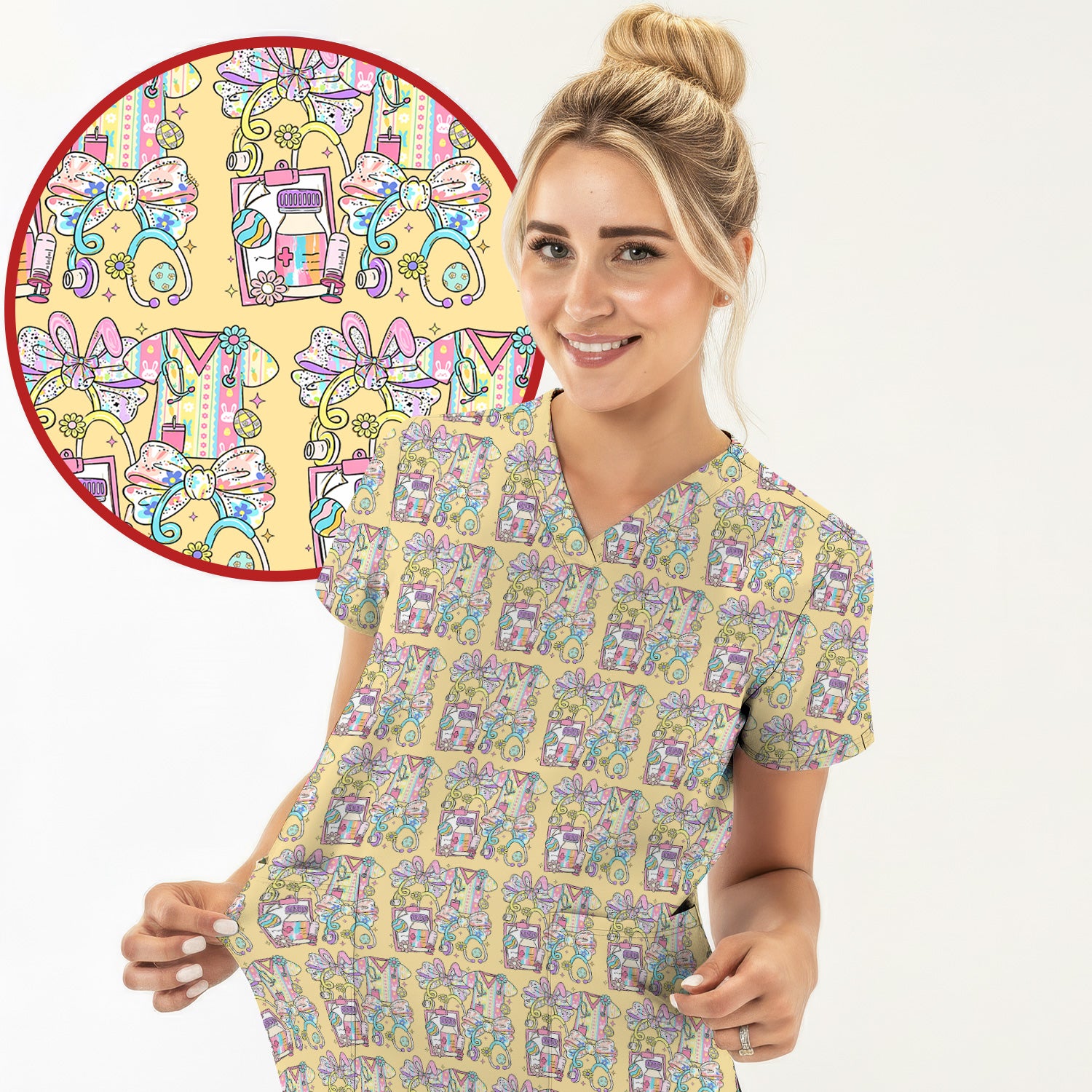 Colorful Nurse Scrub Supplies Pattern Scrub Top, Breathable Fabrics Nursing Uniform