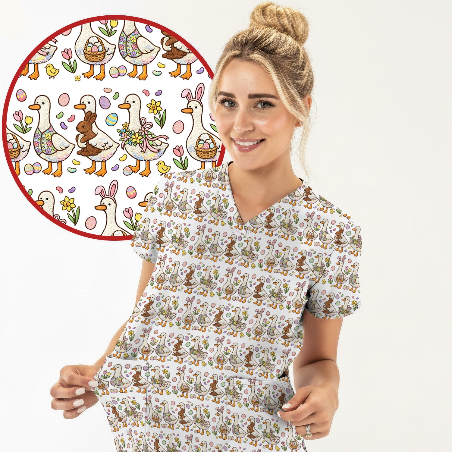 Easter Theme Duck and Bunny Egg Floral Print Scrub Top, Comfortable Scrubs for Nurses
