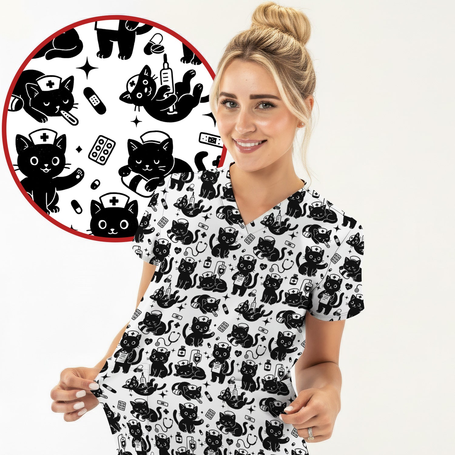 Cute Black Cat Nurse Pattern Scrub Top, Breathable Fabrics Nursing Uniform
