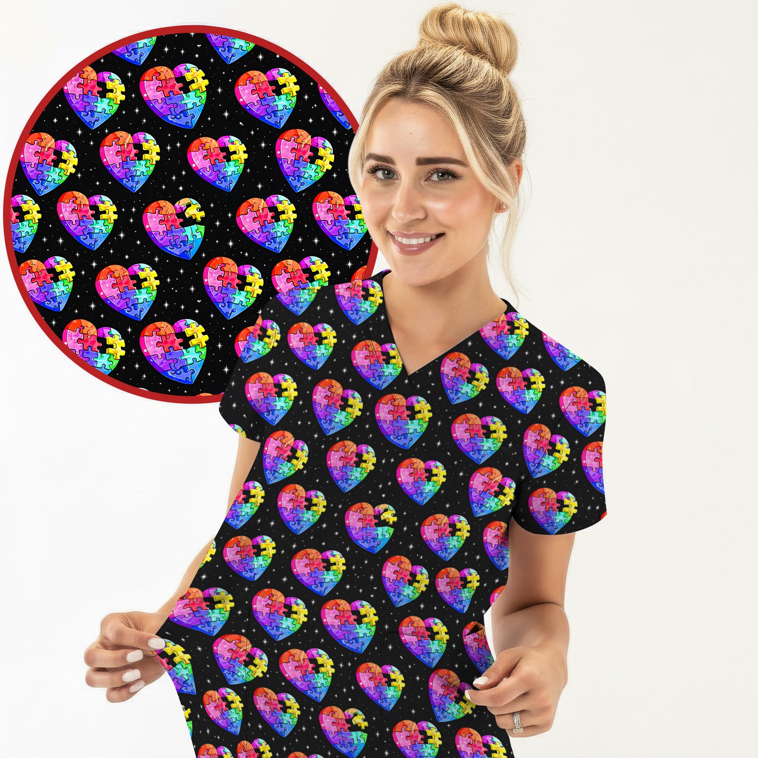 Rainbow Autism Puzzle Heart Pattern Scrub Top, Starry Sky Medical Uniform for Nurses