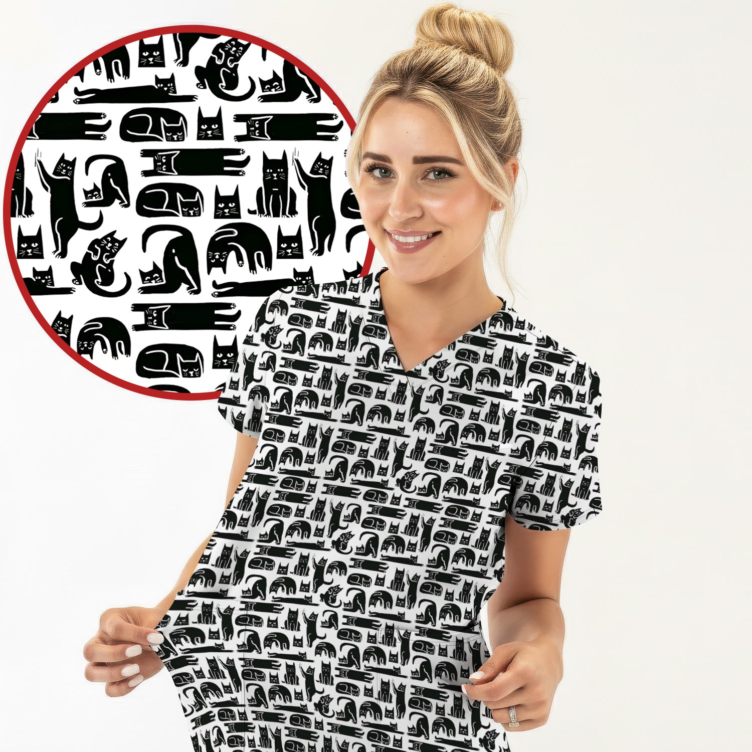 Cute Funny Cat Poses Print Scrub Top, Comfortable Scrubs for Nurses