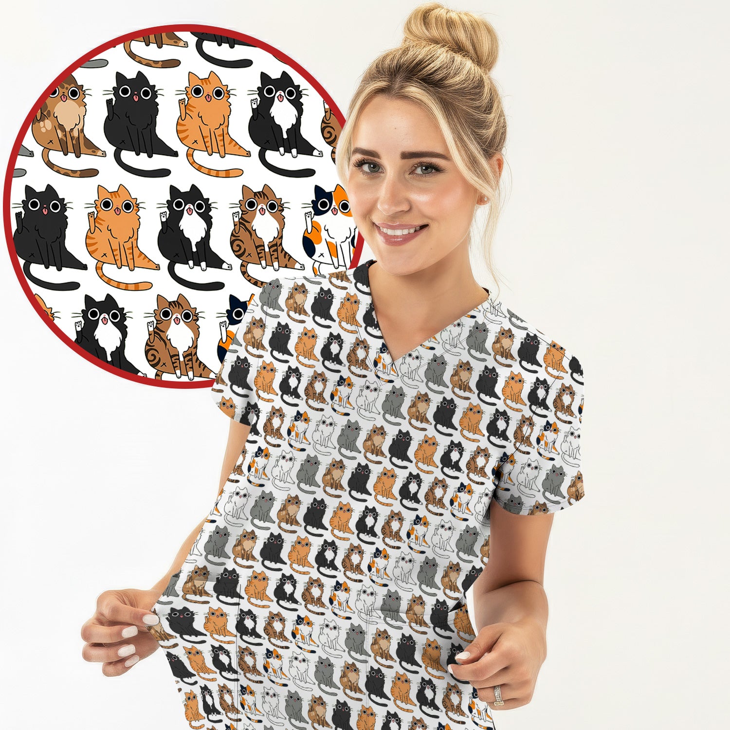Cute Cartoon Cat Pattern Scrub Top, Comfortable Scrubs for Nurses