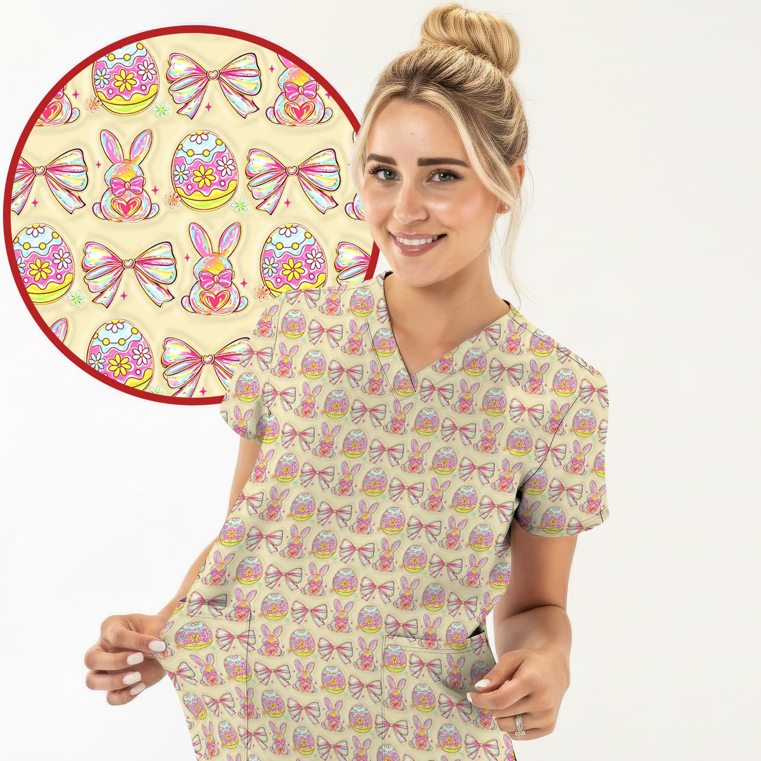 Easter Bunny Pastel Egg Bow Pattern Scrub Top, Breathable Fabrics Nursing Uniform