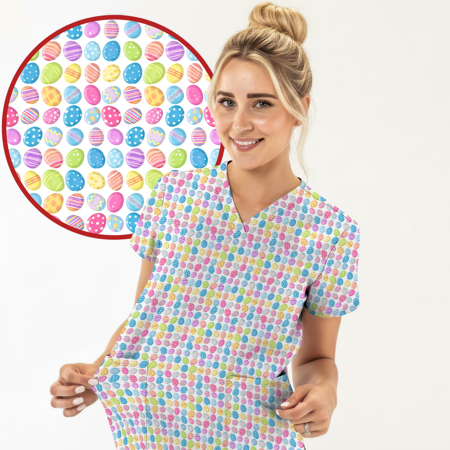 Colorful Easter Eggs Pattern Scrub Top, Comfortable Scrubs for Nurses