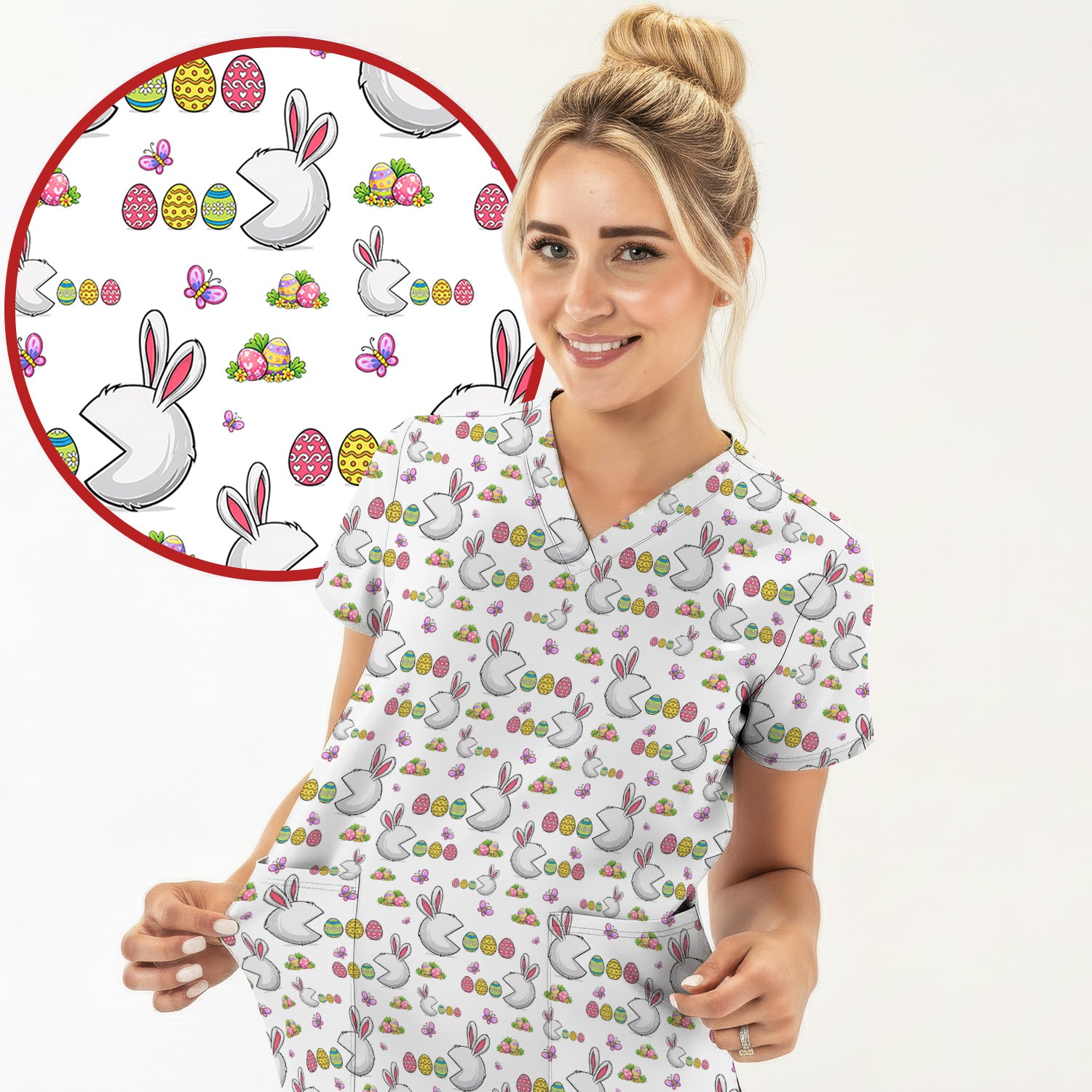 Easter Bunny and Colorful Eggs Print Scrub Top, Breathable Fabrics Nursing Uniform