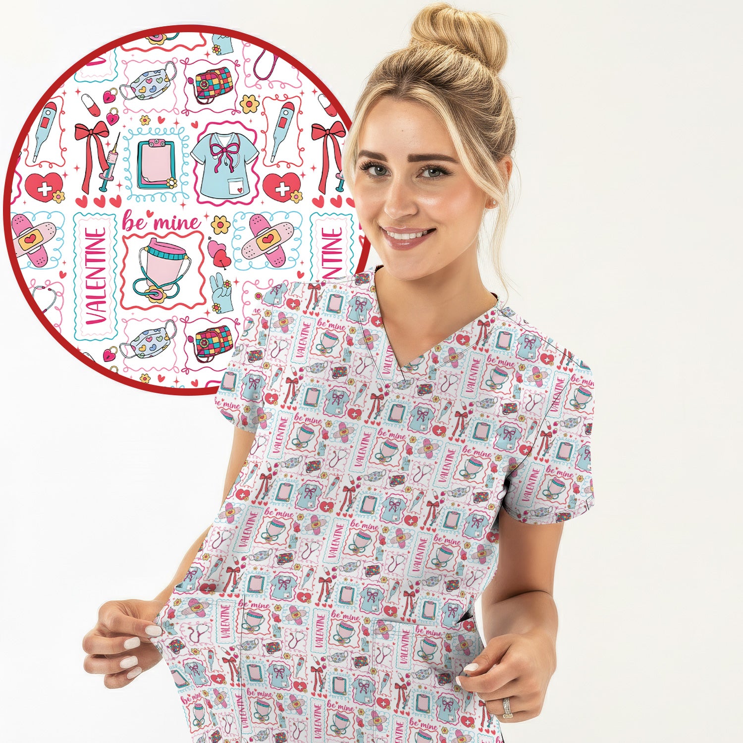 Valentine Medical Hearts Bandages Syringes Scrub Top, Comfortable Scrubs for Nurses