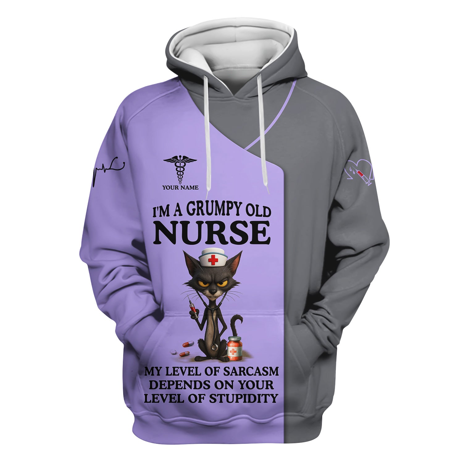 Sarcastic Grumpy Old Nurse Shirt - Black Cat Humo & Caduceus Symbol Design - Personalized Gift for RN LPN CNA Healthcare Workers