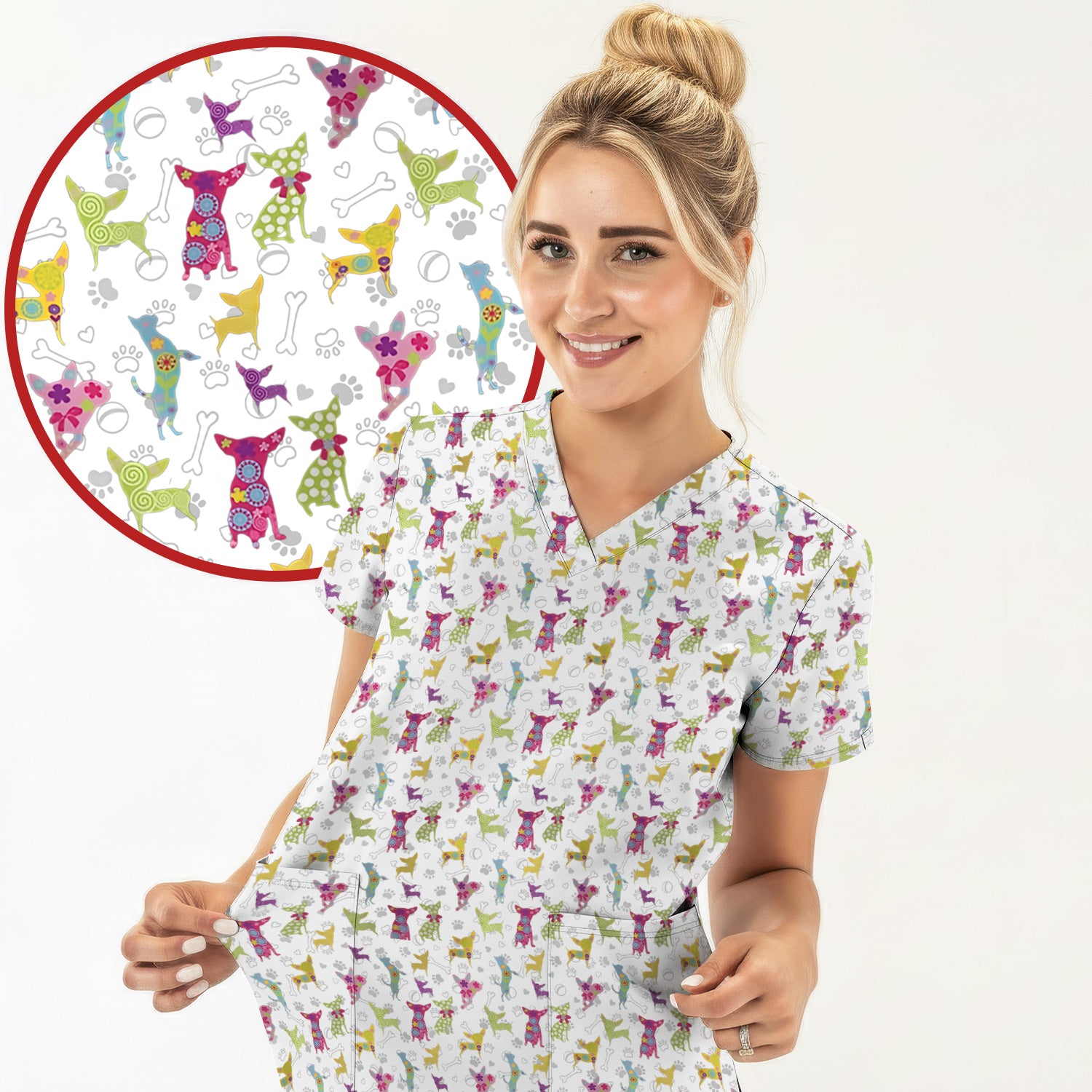 Colorful Playful Dog Print Nurse Scrub Top, Comfortable Scrubs for Nurses
