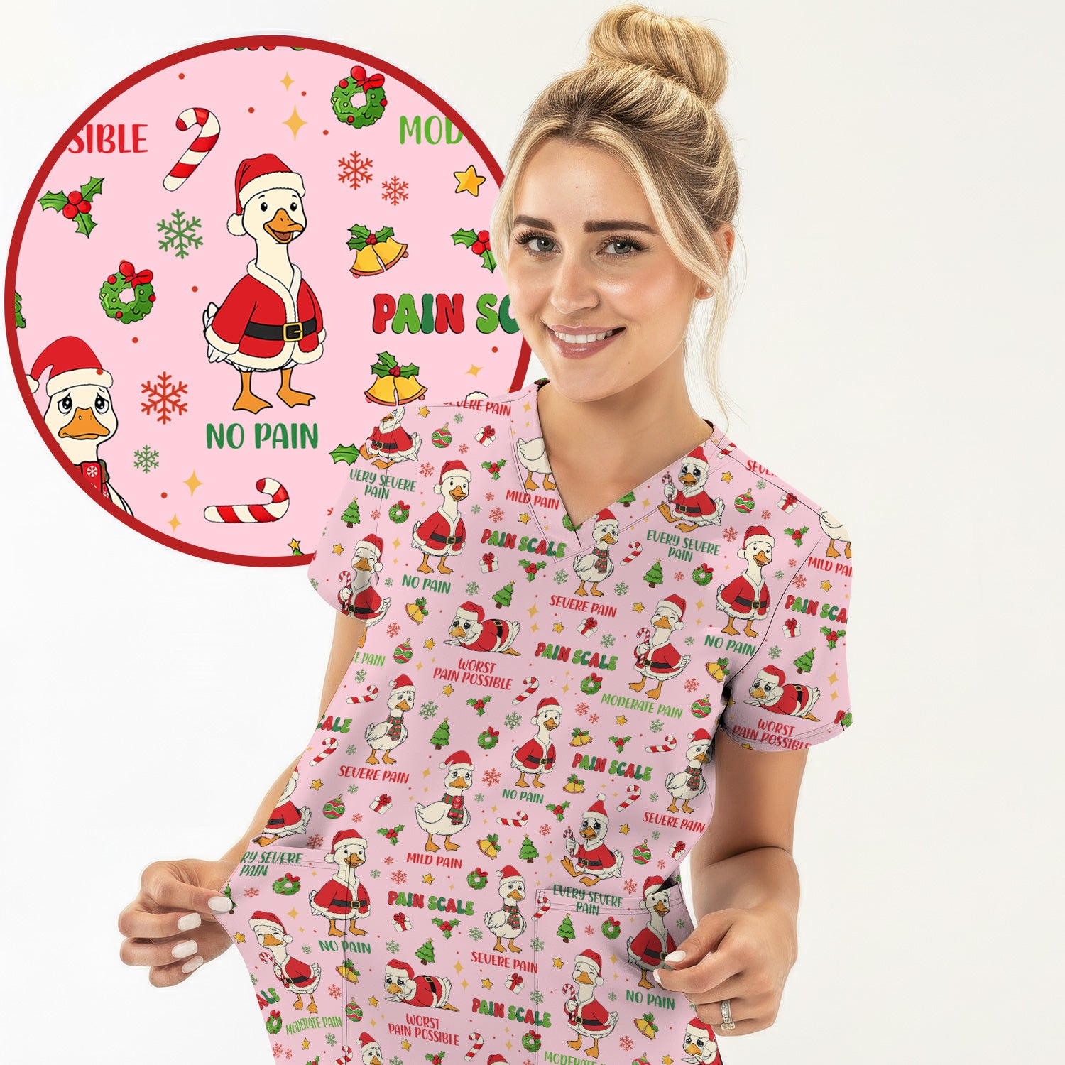 Funny Goose Christmas Scrub Top - Pain Scale Nurse Pattern Shirt - Cute Holiday Medical Scrubs for Women