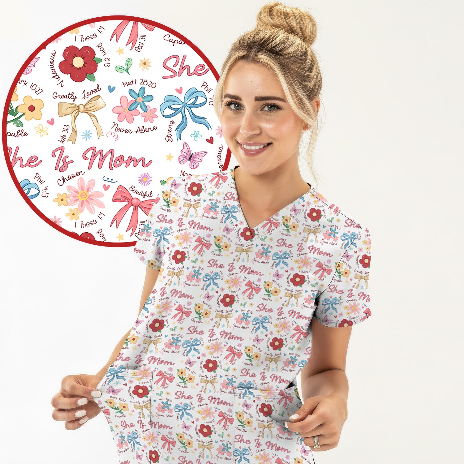 She Is Mom Floral Bow Pattern Scrub Top, Comfortable Scrubs for Nurses