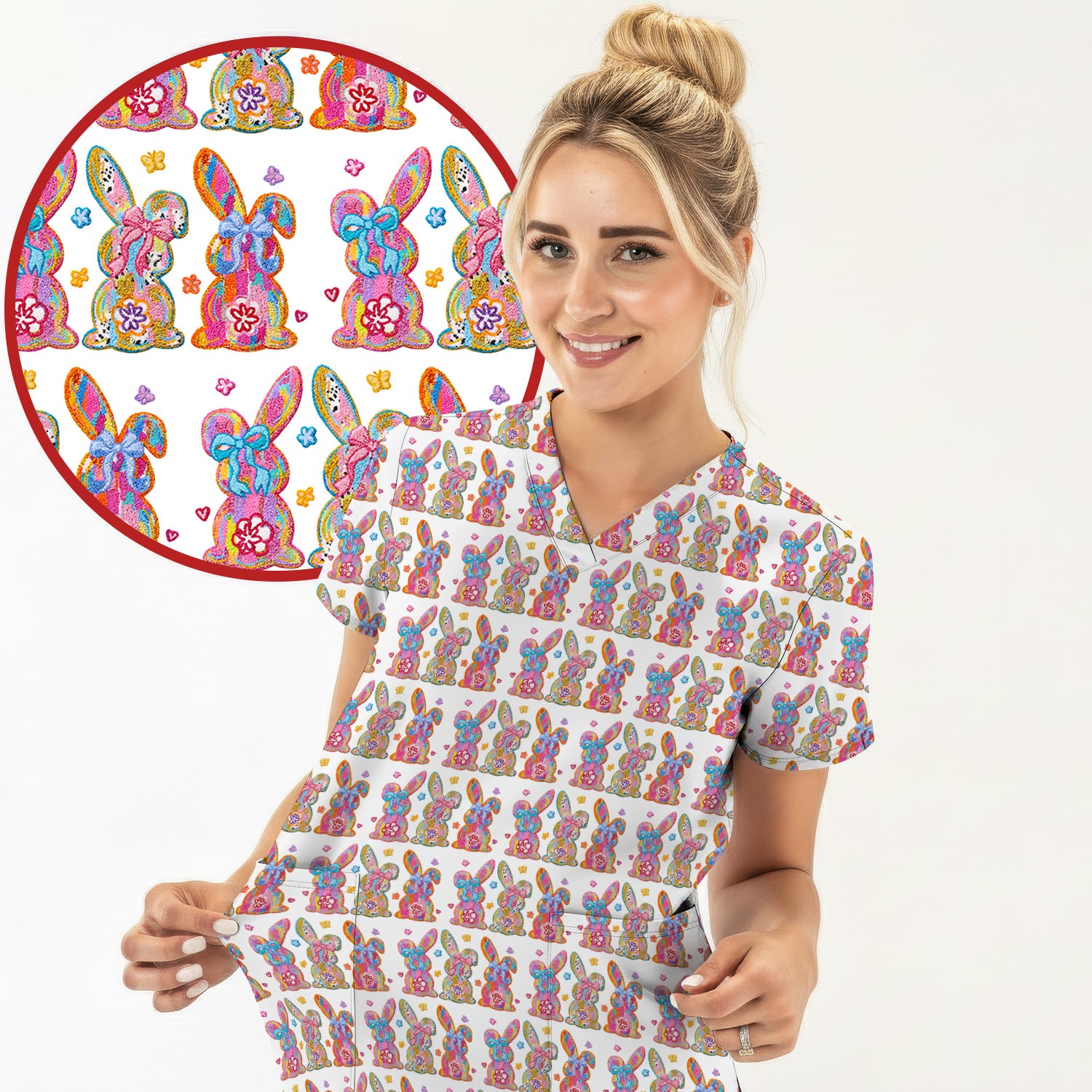 Cute Pastel Bunny Floral Pattern Scrub Top, Comfortable Scrubs for Nurses, Easter