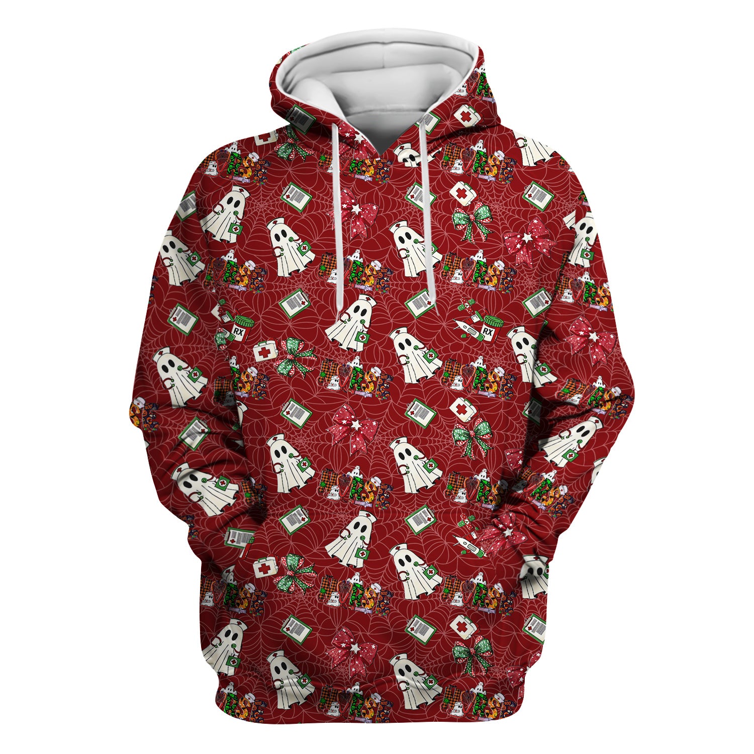 Halloween Nurse Scrub Top for Women - Cute Ghost and Spider Web Scrub Shirt Multi Color - Funny Nursing Work Shirt with Pockets