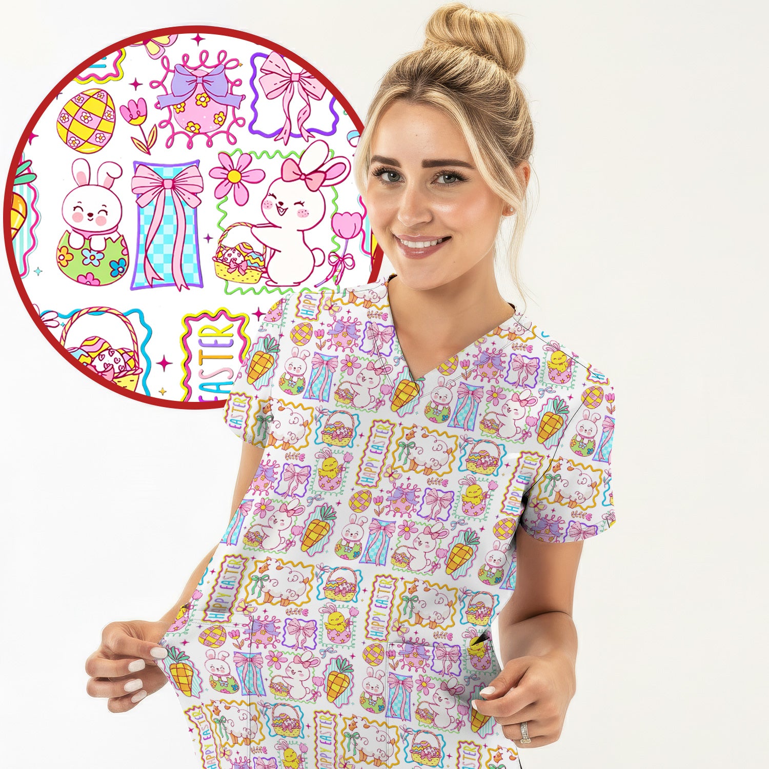Cute Easter Bunny Egg and Bow Print Scrub Top, Breathable Fabrics Nursing Uniform
