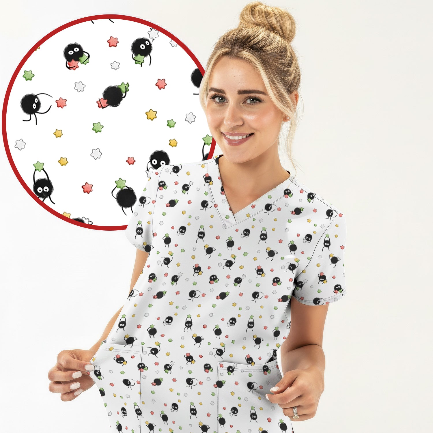 Funny Spider Pattern Pattern Pattern Scrub Top, Cartoon Spider Pattern Nursing Uniform For Women