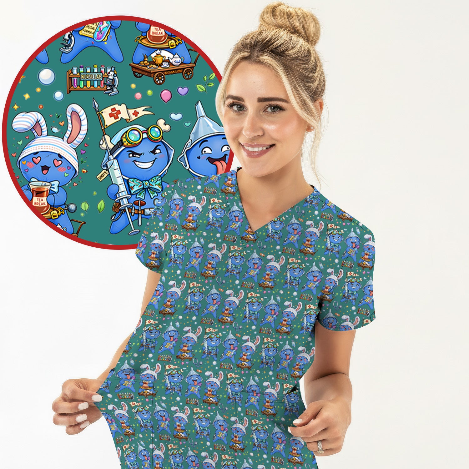 Cute Glove Doll Hospital Medical Cartoon Nurse Pattern Scrub Top, Comfortable Scrubs for Nurses