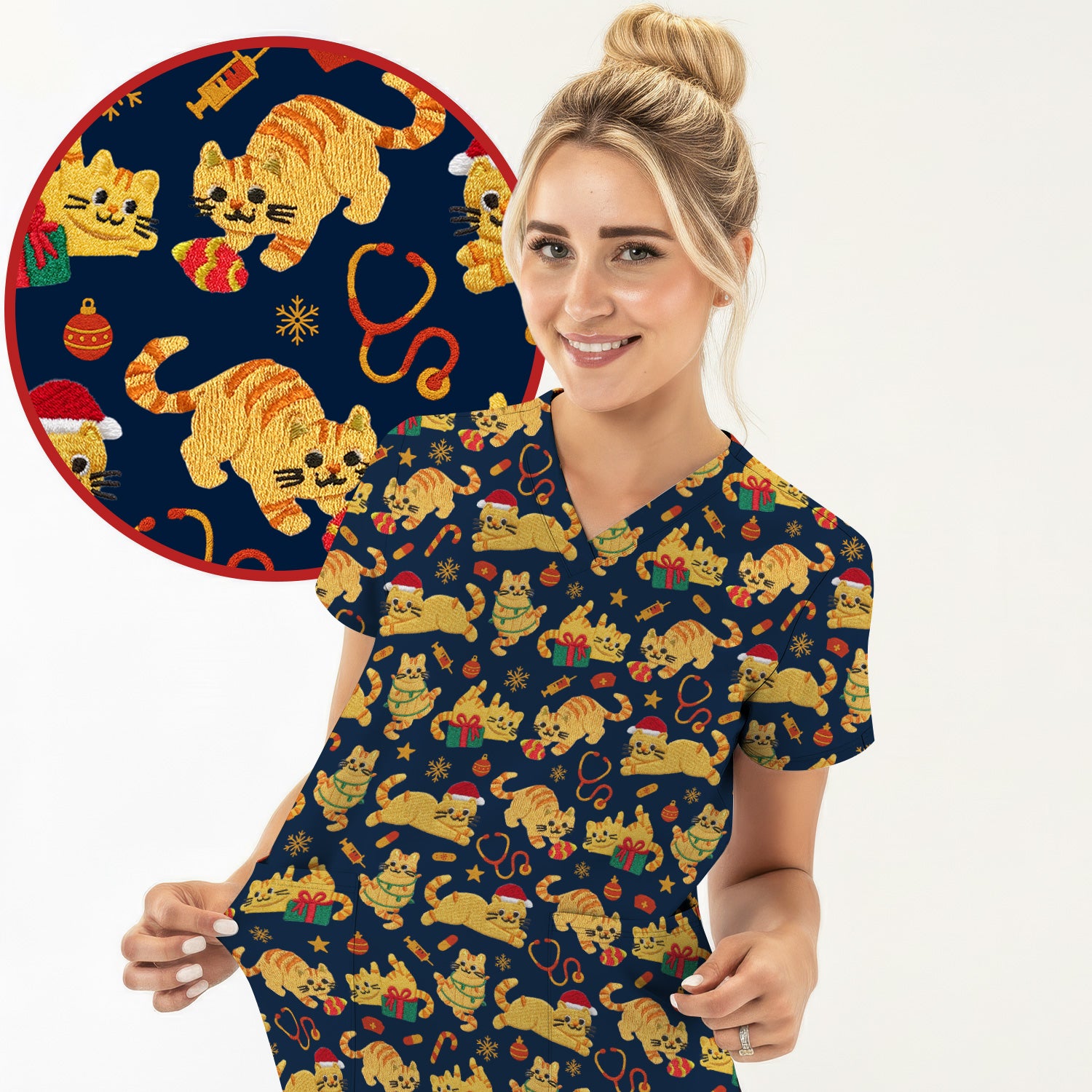 Christmas Cat Nurse Scrub Top, Cute Holiday Kitty Medical Uniform Shirt For Nursing