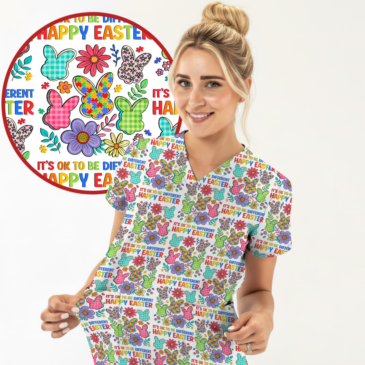 Happy Easter Bunny Floral Print Scrub Top, Breathable Fabrics Nursing Uniform