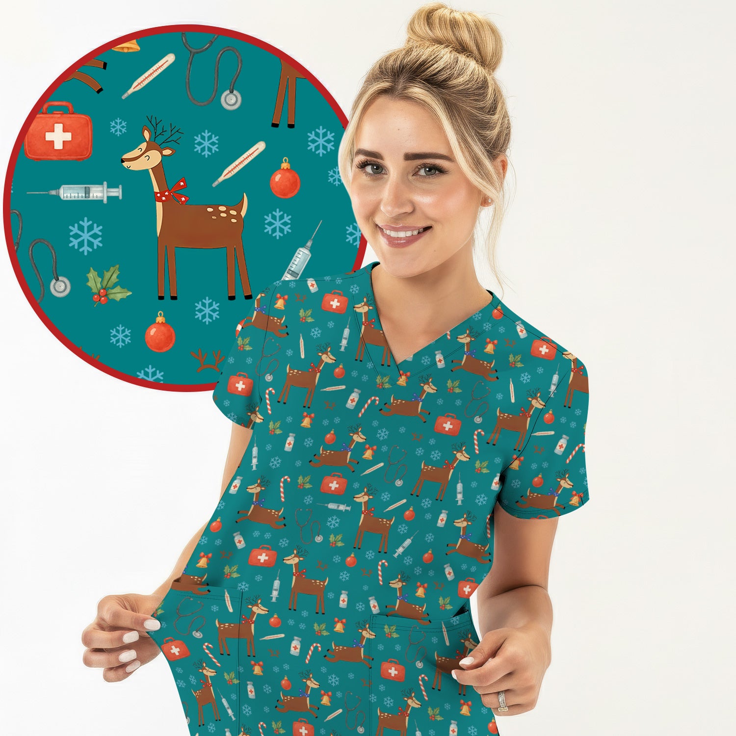 Reindeer Christmas Scrub Top - Snowflakes Candy Canes Holiday Medical Shirt - Xmas Scrubs for Women RN CNA LPN