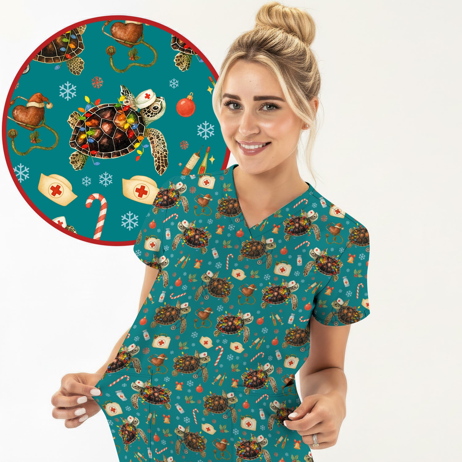 Funny Christmas Scrub Top - Sea Turtle with Xmas Lights Shirt - Holiday Nurse Scrubs for Women