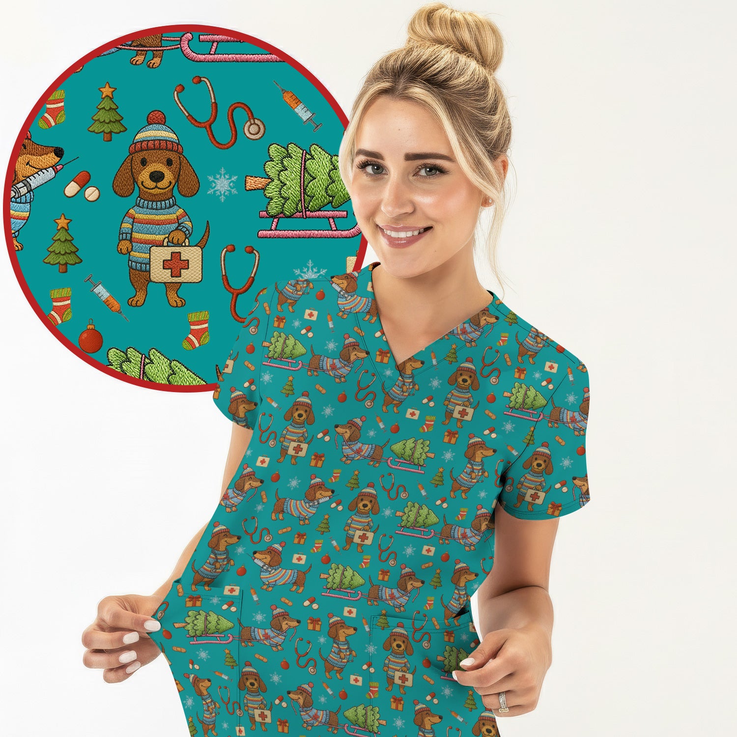 Dachshund Dog Scrub For Nurse, Funny Wiener Dog Lover Gift, Cute Dog 3D Knit Pattern Shirt