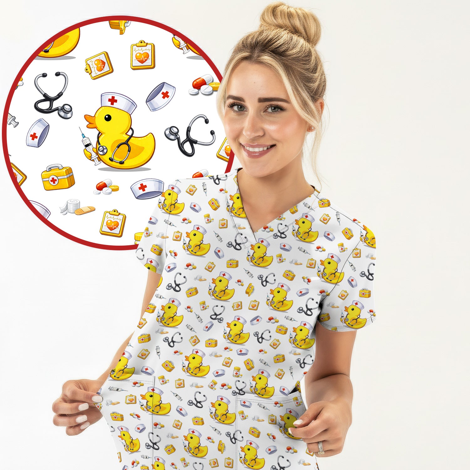 Playful Medical Duck Print Nurse Scrub Top, Comfortable Scrubs for Nurses