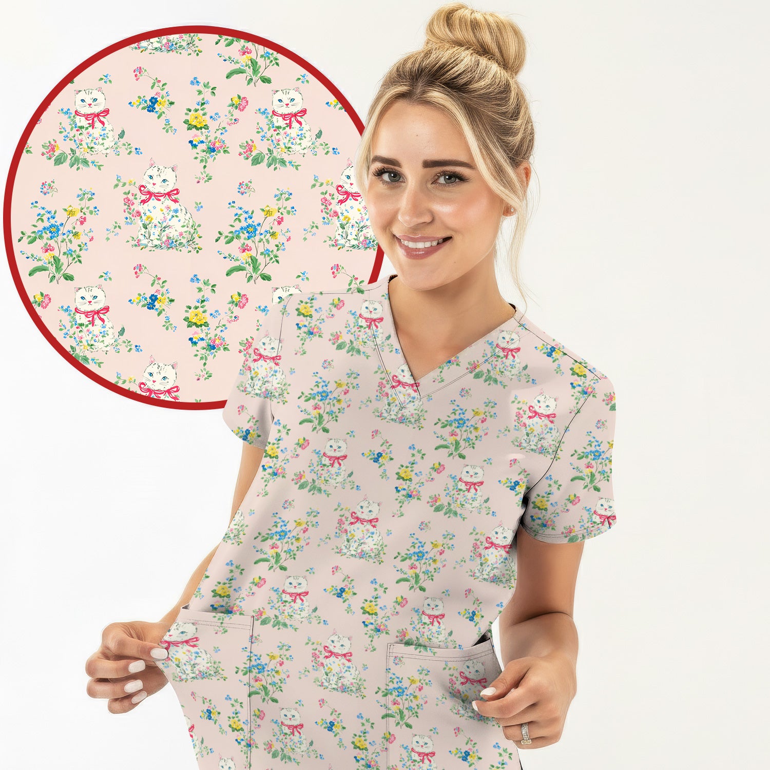 Vintage Floral Cat Print Scrub Top, Comfortable Scrubs for Nurses