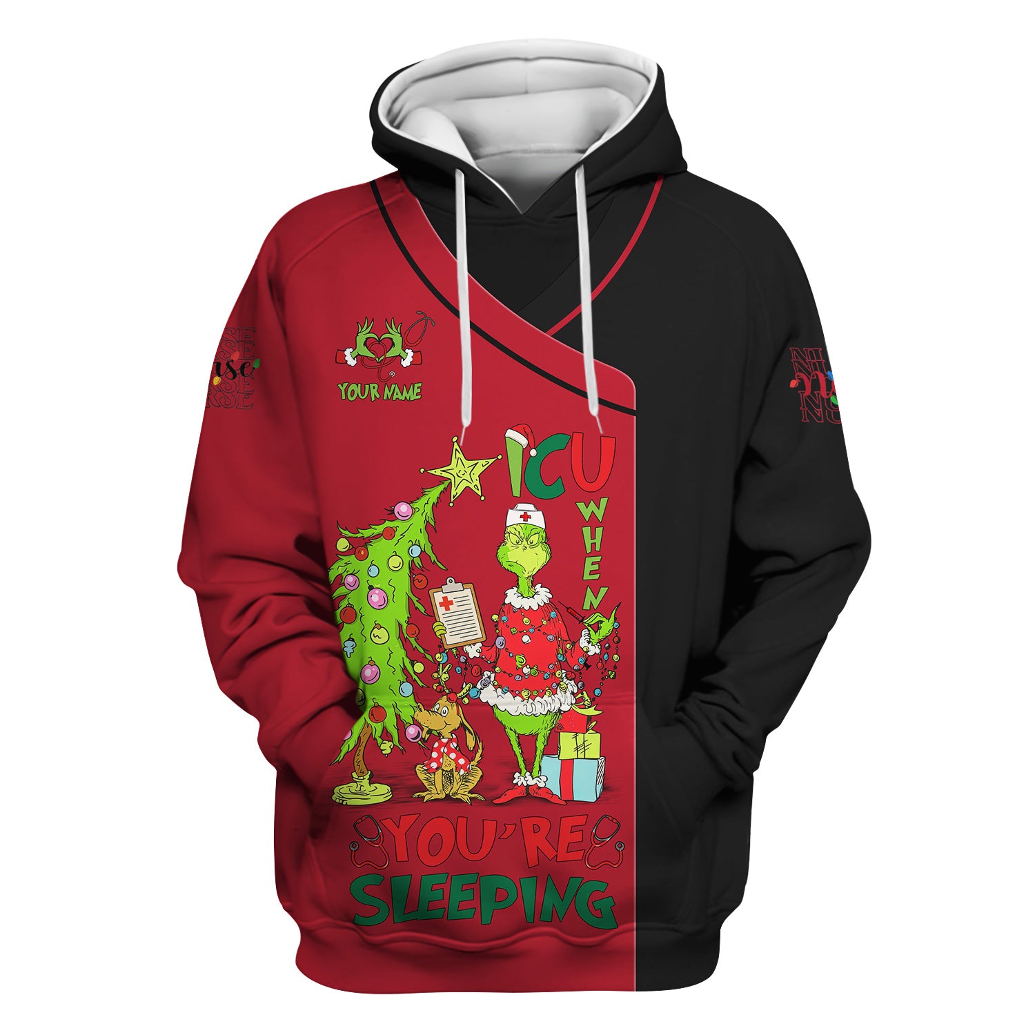 Custom Name Christmas Nurse Scrub - Grinch ICU When You’re Sleeping - LPN CNA RN Gift