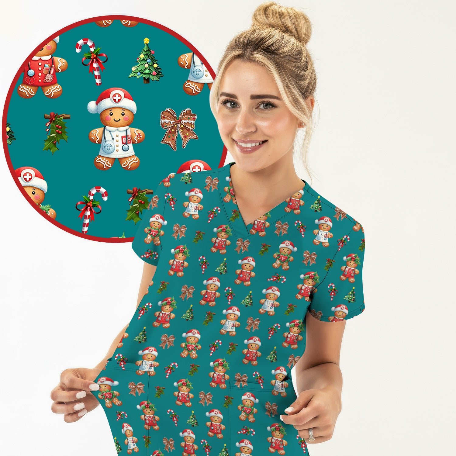 Funny Christmas Scrub Top for Nurse - Adorable Gingerbread Candy Cane Bow- Festive Medical Uniform for Women
