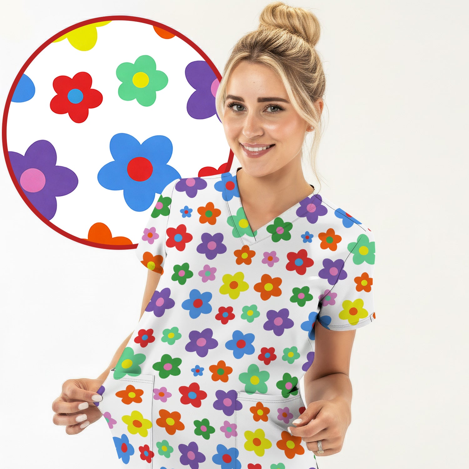 Colorful Retro Flower Pattern Print Scrub Top, Breathable Fabrics Nursing Uniform