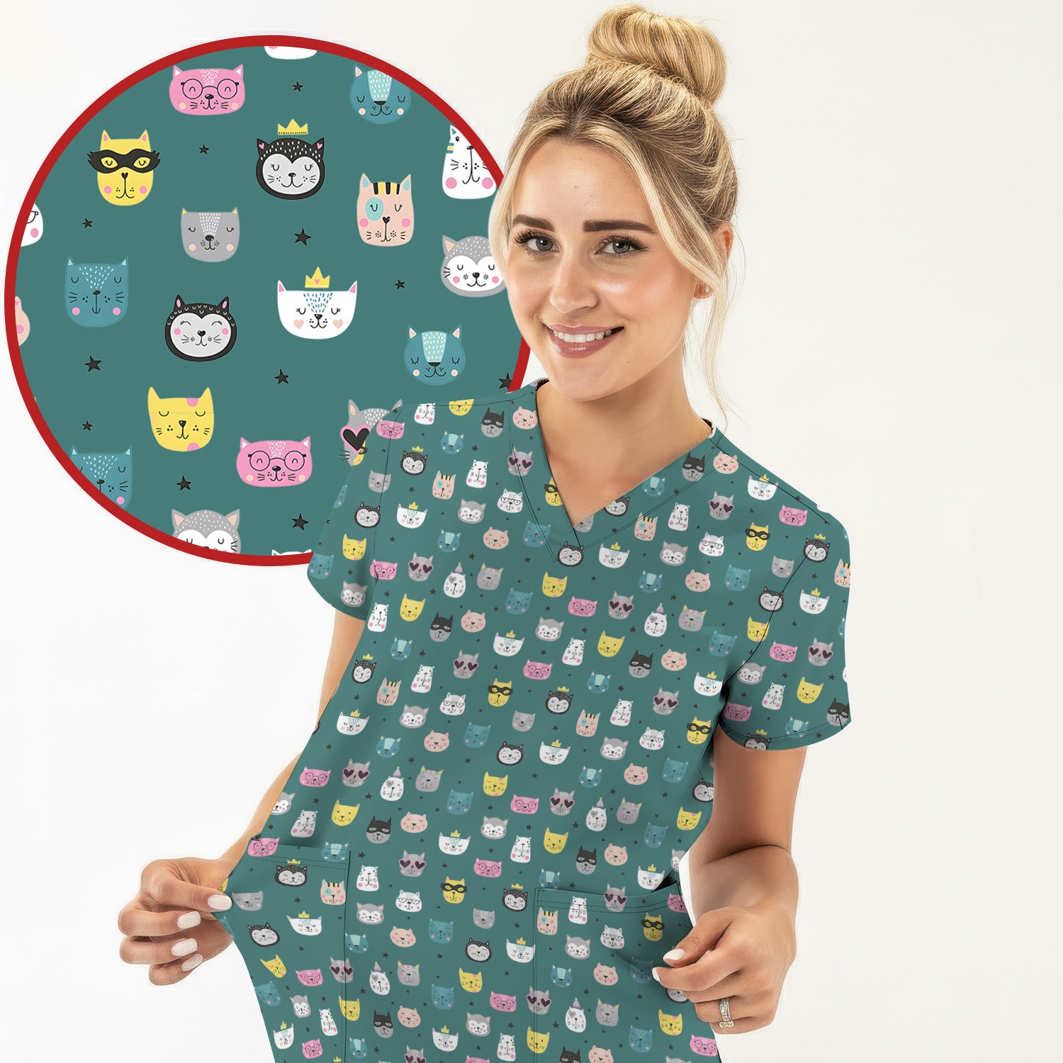 Cute Colorful Cat Pattern Scrub Top, Comfortable Scrubs for Nurses