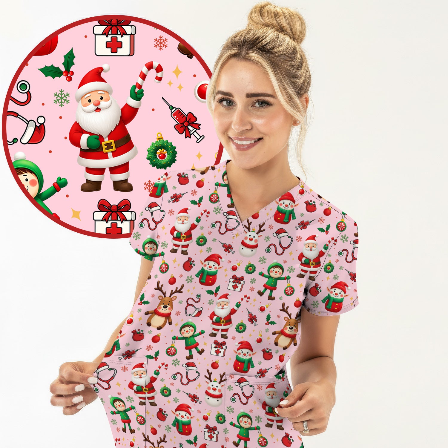 Christmas Scrub Top for Nurse - Cute Santa Elf Reindeer Medical Shirt - Festive Holiday Scrubs for Women RN CNA LPN Gift