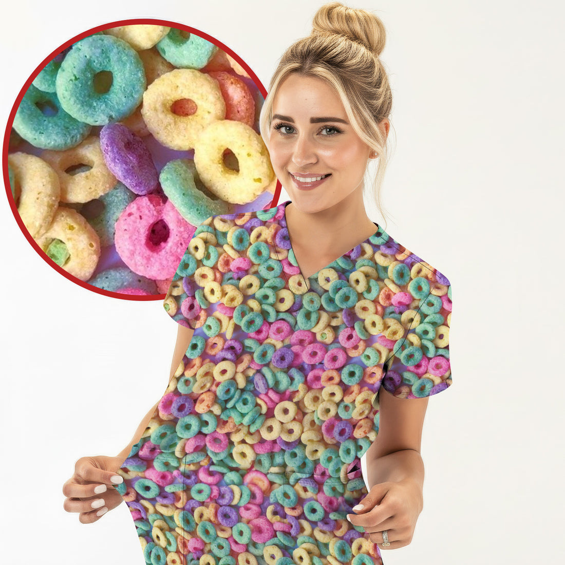 Colorful Cereal Loops Pattern Scrub Top, Comfortable Scrubs for Nurses