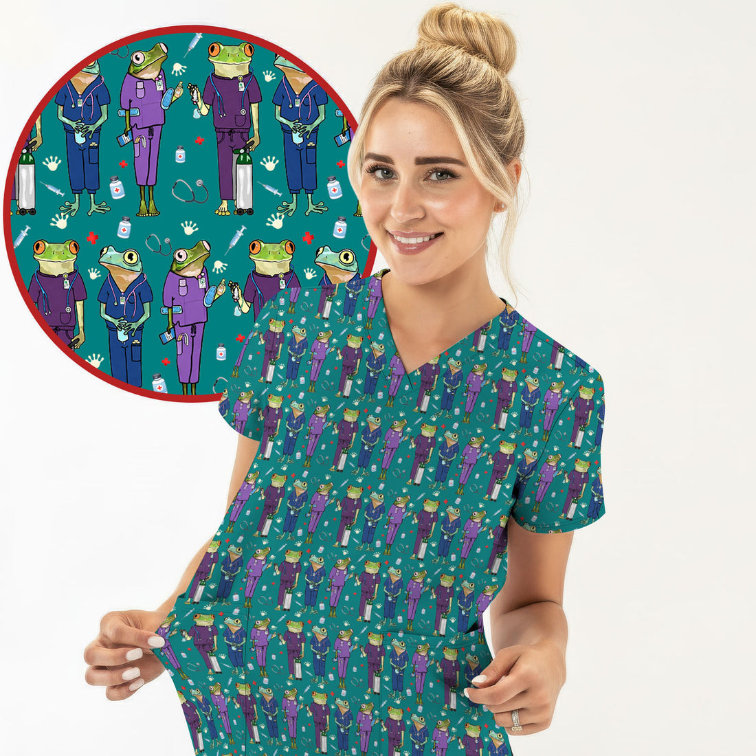 Funny Frog Nurse Pattern Scrub Top, Breathable Healthcare Uniform Top
