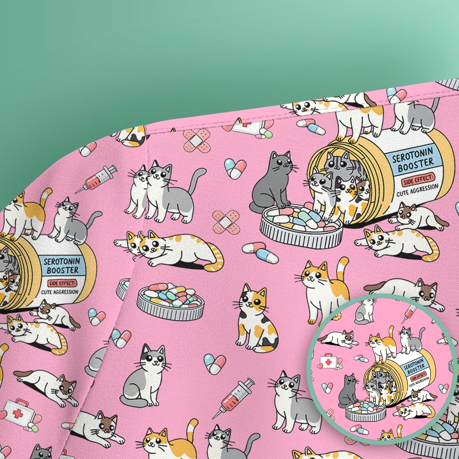 Cute Cat Serotonin Booster Pattern Scrub Top, Comfortable Scrubs for Nurses
