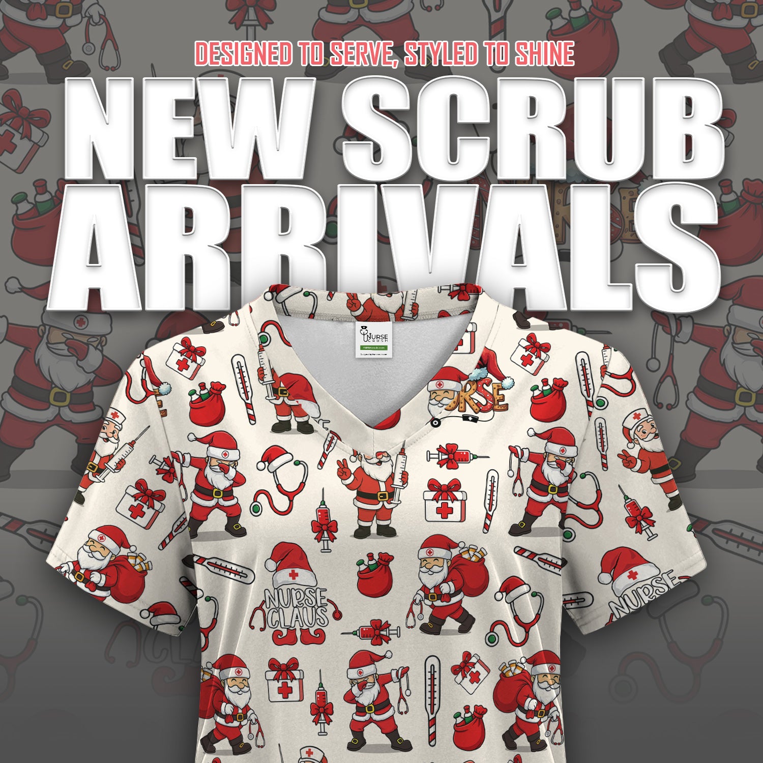 Christmas Nurse Scrub Top Multi Color - Funny Nurse Claus Santa Scrub Shirt - Cute Holiday Nursing Work Shirt with Pockets