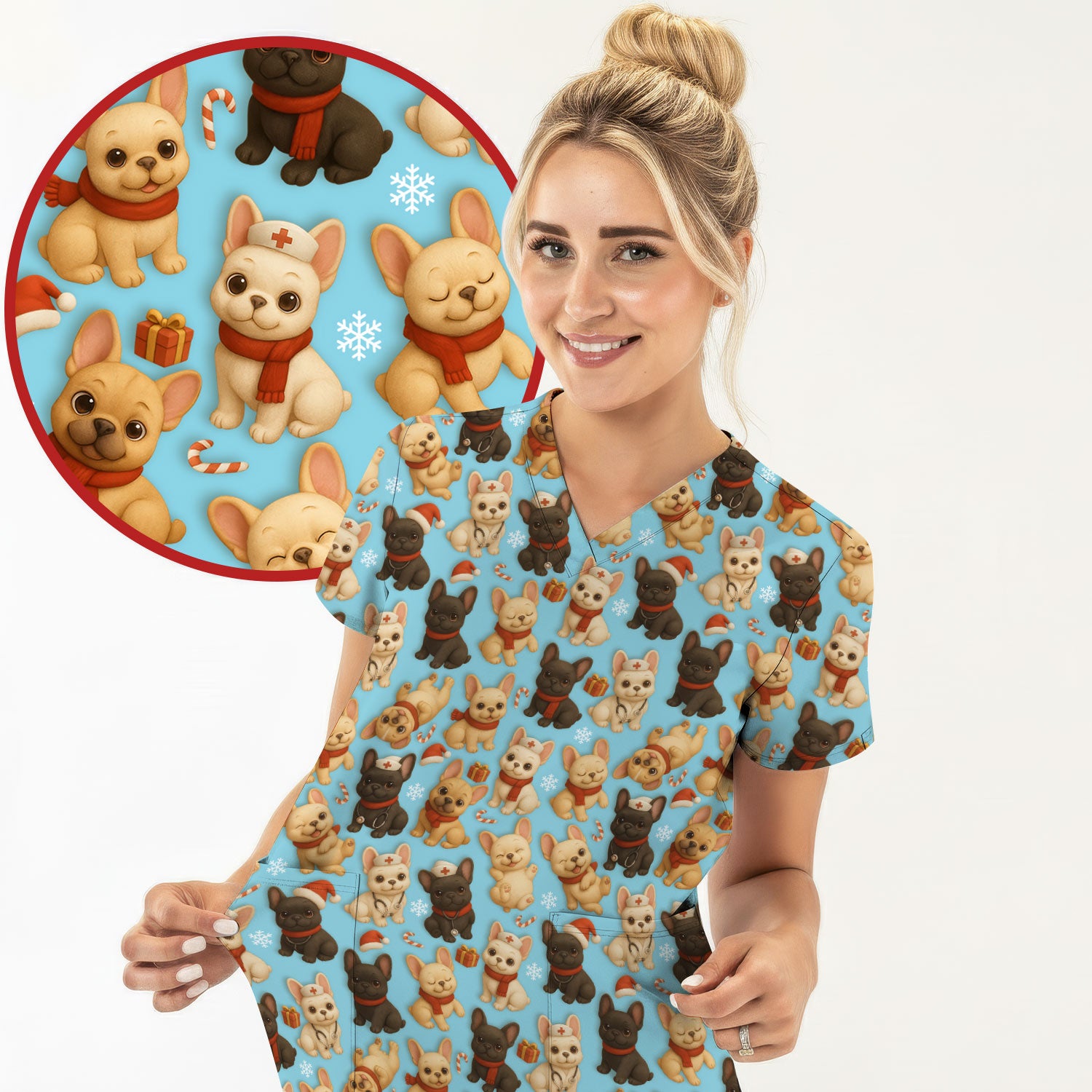 Christmas Dog Scrubs for Women - Cute French Bulldog Pattern Medical Scrub Top - Festive Holiday Nurse Scrubs with Adorable Puppy Design