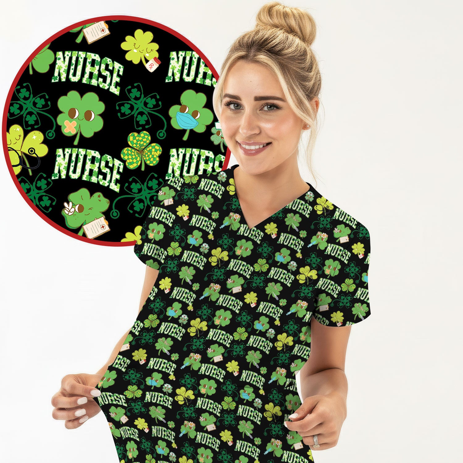 Lucky Shamrock Nurse Scrub Top, St. Patrick’s Day Nursing Shirt, Breathable Fabrics Nursing Uniform
