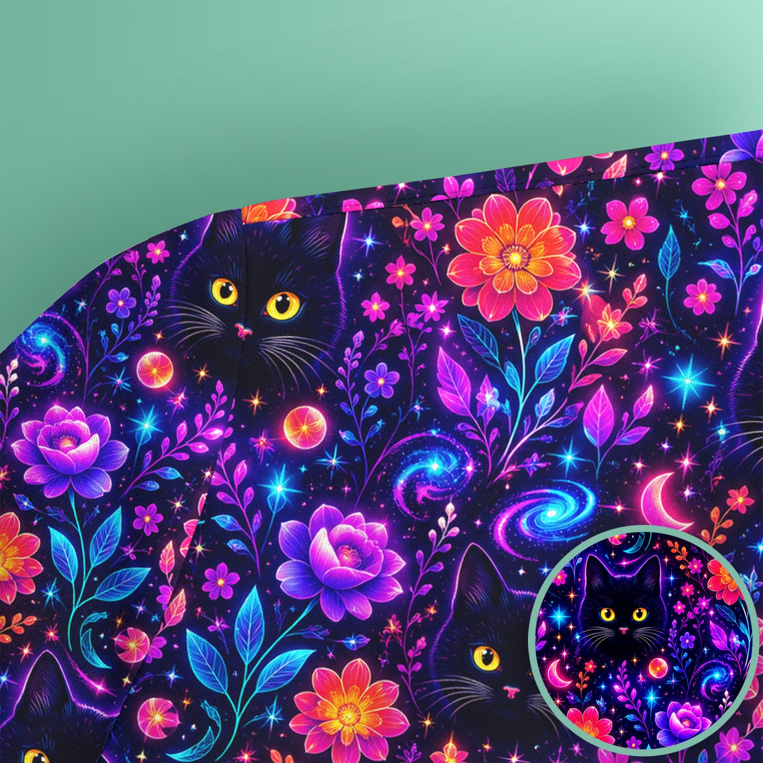 Galaxy Black Cat Floral Pattern Scrub Top, Comfortable Scrubs for Nurses