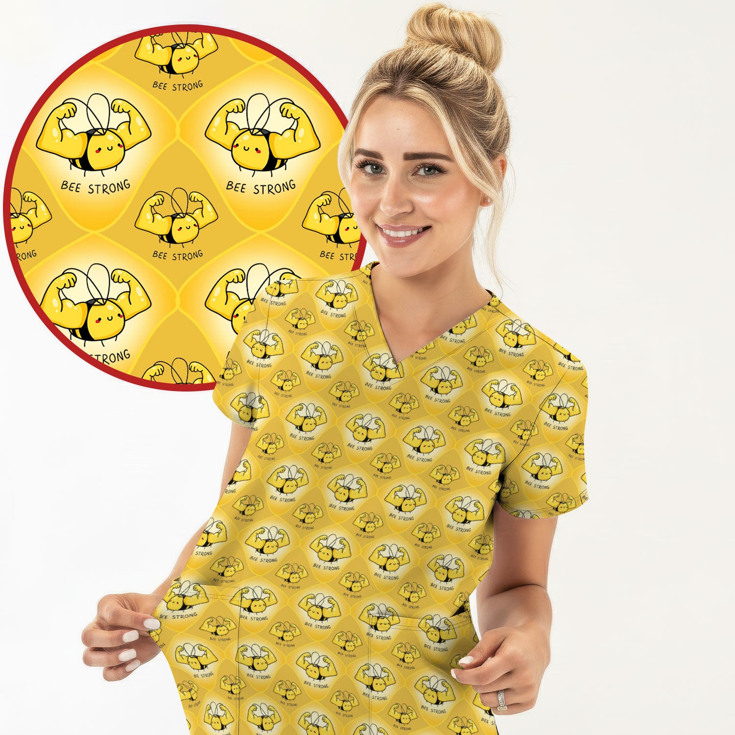 Bee Strong Honey Bee Pattern Scrub Top, Comfortable Scrubs for Nurses