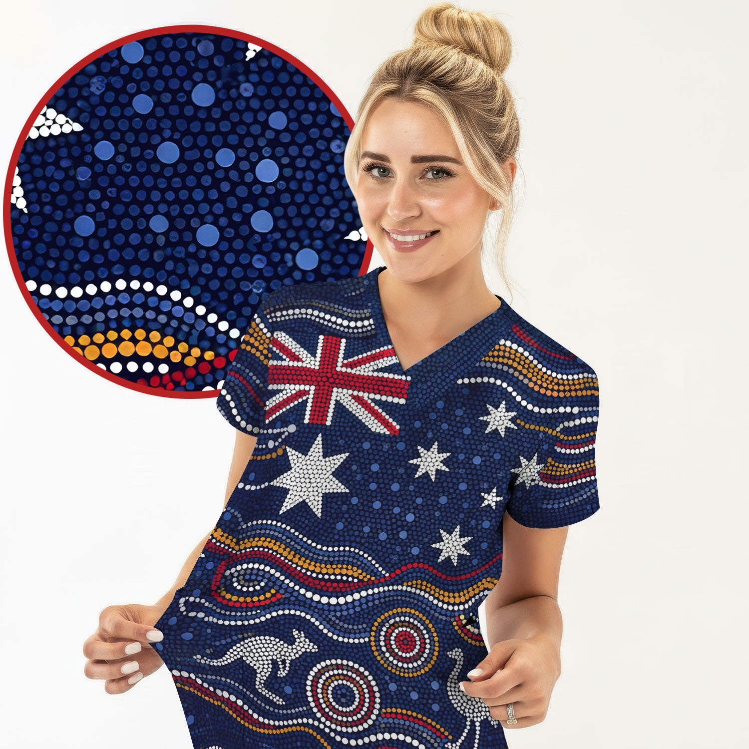 Australian Aboriginal Art Pattern Nurse Scrub Top, Kangaroo Dot Nurses Shirt For Women, Breathable Fabrics Nursing Uniform