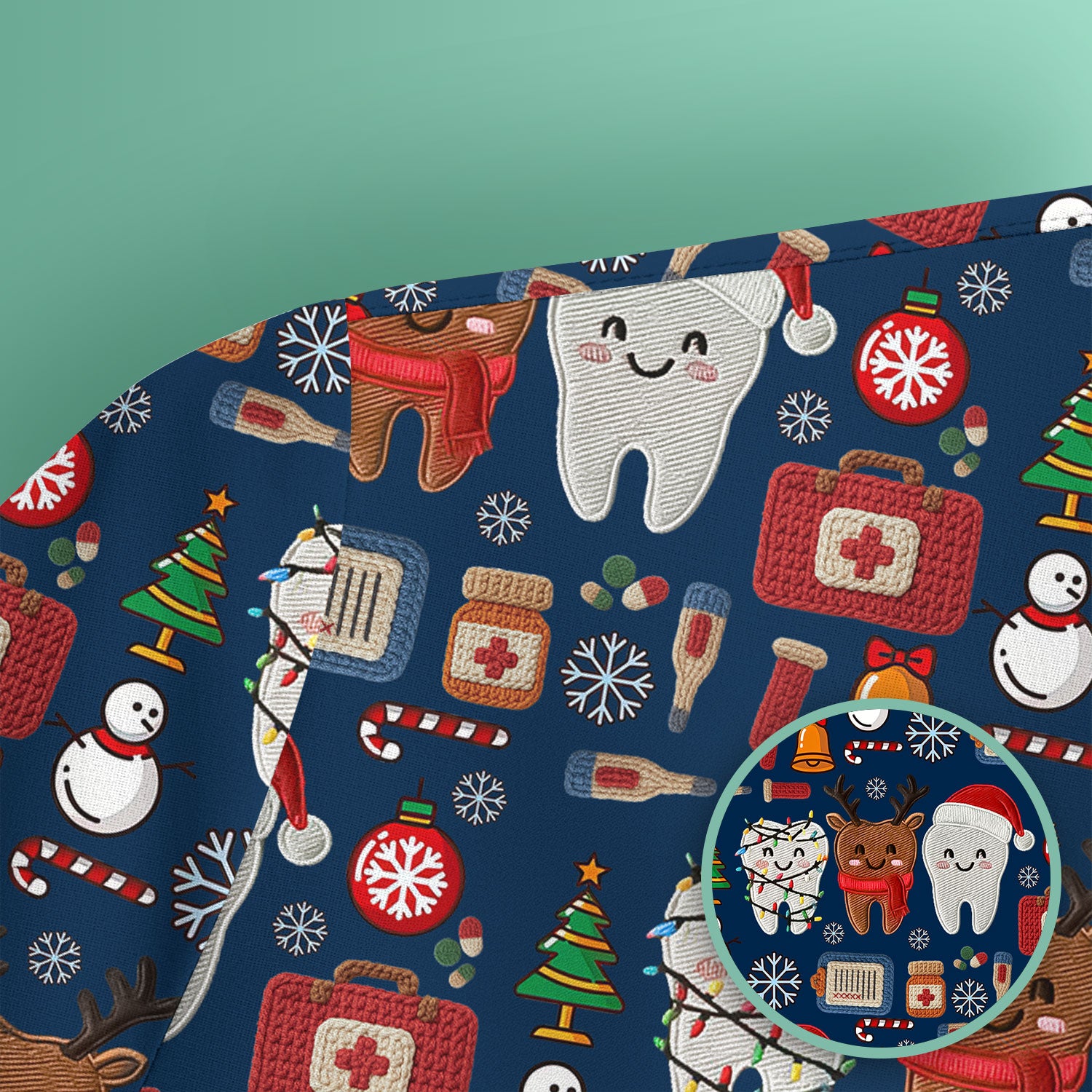 Christmas Dental Scrub Top - Cute Santa & Reindeer Tooth Shirt - Funny Holiday Medical Uniform for Dentists, Hygienists & Nurses