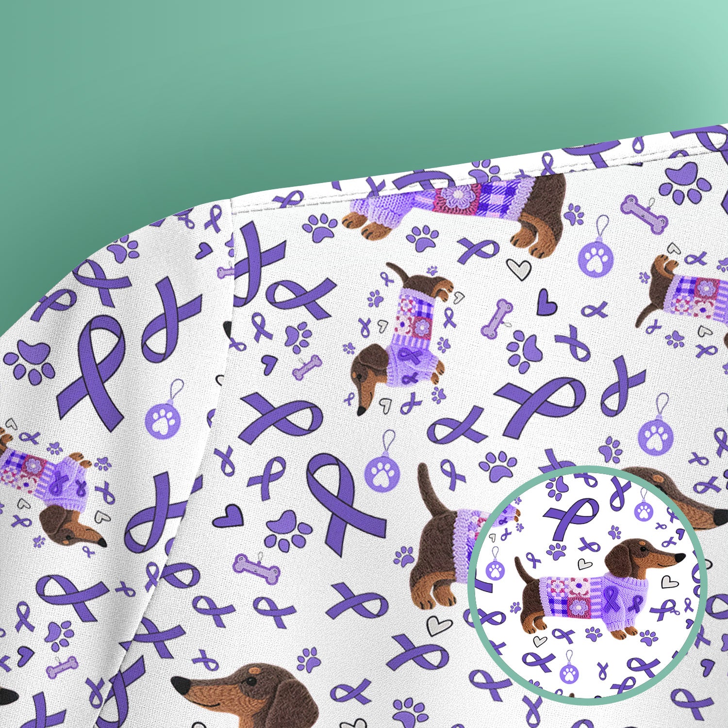 Purple Ribbon Dachshund Scrub Top for Nurses - Cute Awareness Dog Paw Prints - Support Lupus Cancer Med Uniform Gift for Women