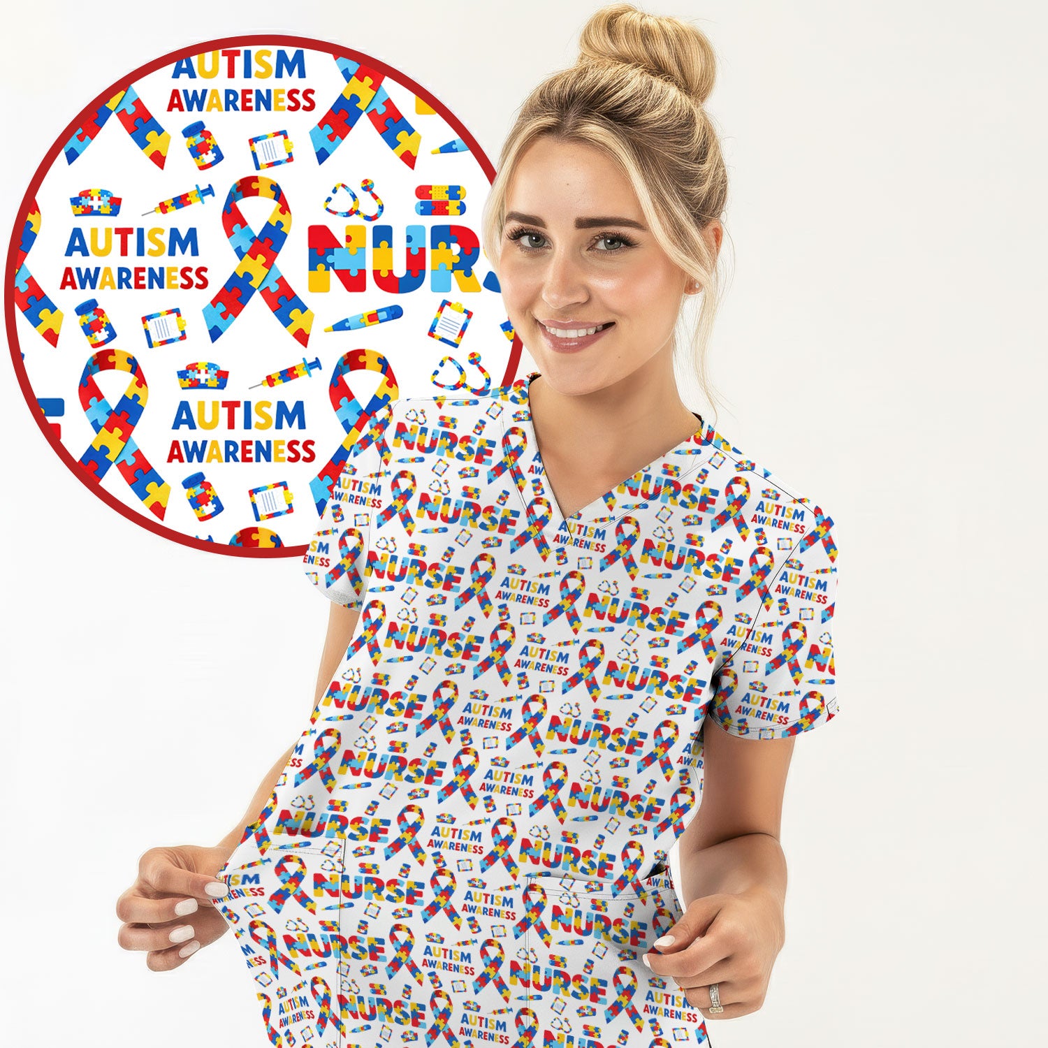 Autism Awareness Nurse Puzzle Ribbon Print Scrubs, Comfortable Scrubs for Nurses