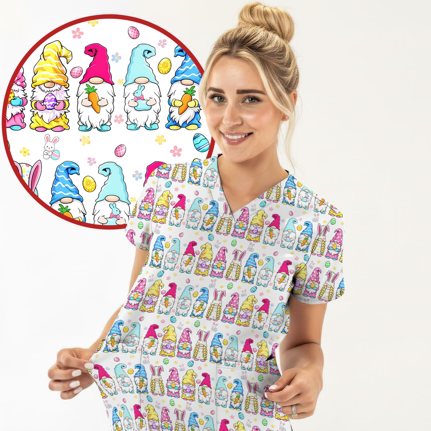 Colorful Easter Gnome Bunny Eggs Print Scrub Top, Comfortable Scrubs for Nurses